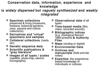Conservation data, information, experience and
knowledge
is widely dispersed but vaguely synthesized and weakly
integrated
 Specimen collections
preserved & living (museums,
herbaria, botanical gardens,
zoos, aquaria and culture
collections)
 Derivatives and “virtual”
specimens and samples
 Collateral collections (nests,
etc)
 Genetic sequence data
 Scientific publications &
“gray literature”
 Images of all types / scales
(satellite, photo-trap, electro-
micrographs)
 Observational data of all
types
 Time-based media (film,
video, recorded sounds)
 Bibliographic indices
(e.g. Zoological Record
1864-present) & Authority
Files
 Maps (analog or digital)
 Environmental Data
 Archives and
manuscripts (field and lab
notes)
 Expertise: the experience-
based knowledge of
individuals or cultures
 