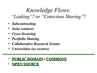 Knowledge Flows:
“Leaking”? or “Conscious Sharing”?
• Subcontracting
• Joint ventures
• Cross licensing
• Portfolio Sharing
• Collaborative Research Grants
• Universities (as vectors)
• PUBLIC DOMAINPUBLIC DOMAIN // COMMONSCOMMONS
• OPEN SOURCEOPEN SOURCE
 
