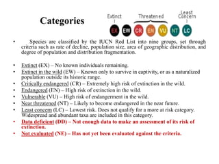 Categories
• Species are classified by the IUCN Red List into nine groups, set through
criteria such as rate of decline, population size, area of geographic distribution, and
degree of population and distribution fragmentation.
• Extinct (EX) – No known individuals remaining.
• Extinct in the wild (EW) – Known only to survive in captivity, or as a naturalized
population outside its historic range.
• Critically endangered (CR) – Extremely high risk of extinction in the wild.
• Endangered (EN) – High risk of extinction in the wild.
• Vulnerable (VU) – High risk of endangerment in the wild.
• Near threatened (NT) – Likely to become endangered in the near future.
• Least concern (LC) – Lowest risk. Does not qualify for a more at risk category.
Widespread and abundant taxa are included in this category.
• Data deficient (DD) – Not enough data to make an assessment of its risk of
extinction.
• Not evaluated (NE) – Has not yet been evaluated against the criteria.
 