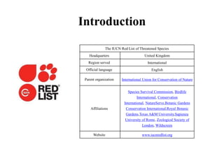 Introduction
The IUCN Red List of Threatened Species
Headquarters United Kingdom
Region served International
Official language English
Parent organization International Union for Conservation of Nature
Affiliations
Species Survival Commission, Birdlife
International, Conservation
International, NatureServe,Botanic Gardens
Conservation International,Royal Botanic
Gardens,Texas A&M University,Sapienza
University of Rome, Zoological Society of
London, Wildscreen
Website www.iucnredlist.org
 