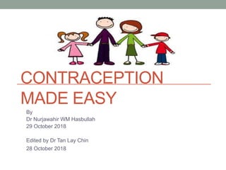 CONTRACEPTION
MADE EASY
By
Dr Nurjawahir WM Hasbullah
29 October 2018
Edited by Dr Tan Lay Chin
28 October 2018
 