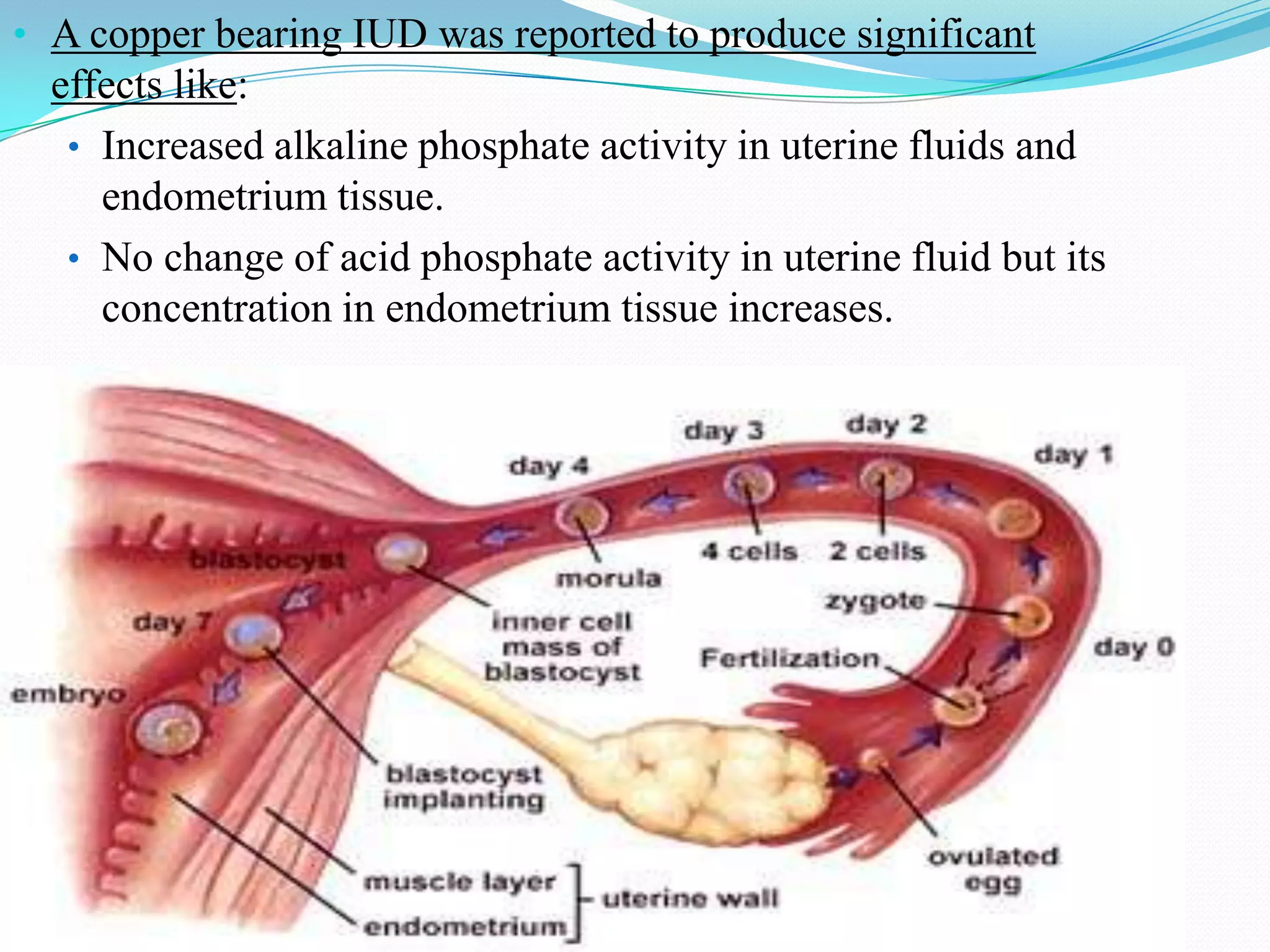 • A copper bearing IUD was reported to produce significant
  effects like:
   • Increased alkaline phosphate activity in uterine fluids and
     endometrium tissue.
   • No change of acid phosphate activity in uterine fluid but its
     concentration in endometrium tissue increases.
 
