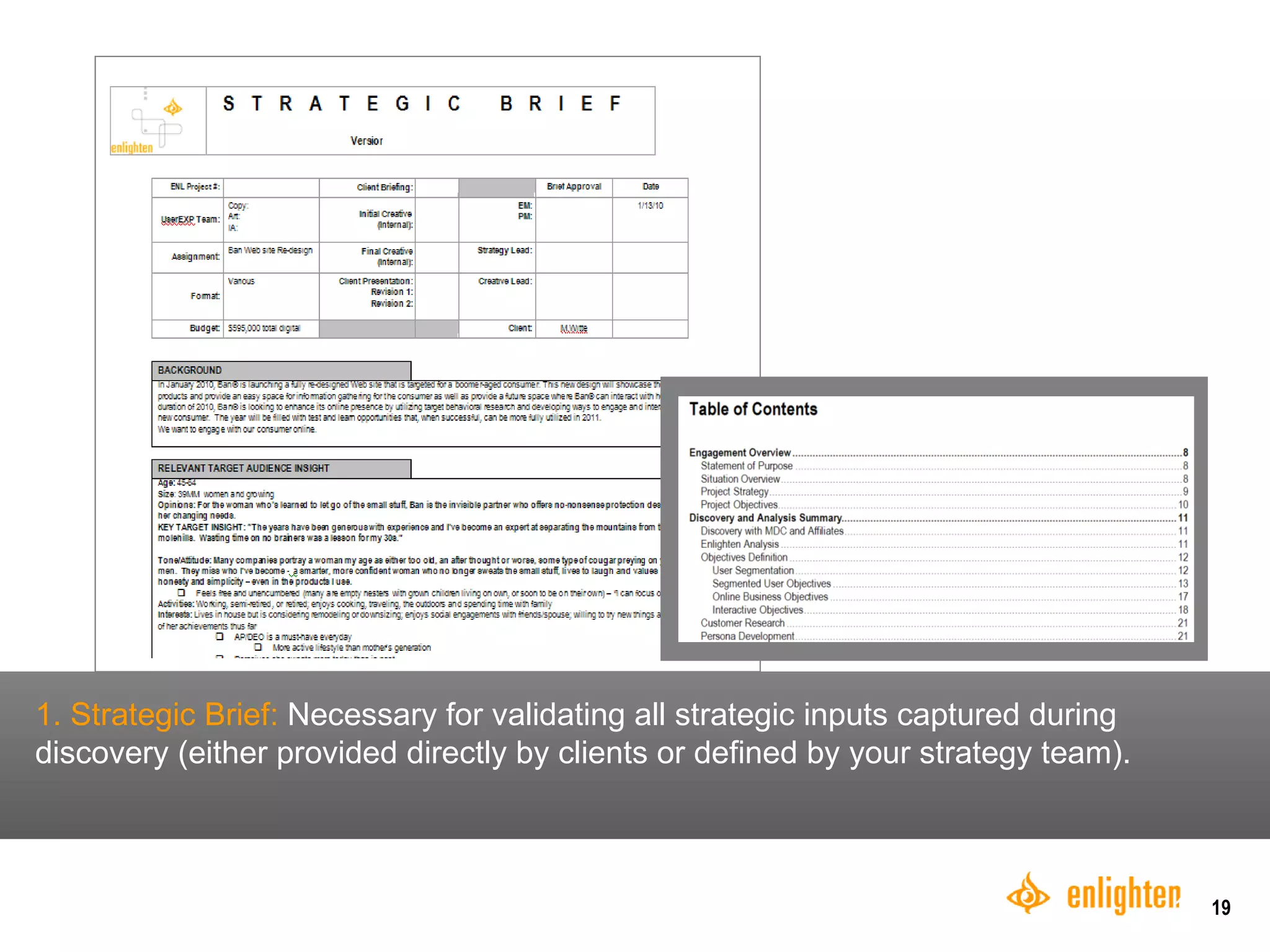 1. Strategic Brief:  Necessary for validating all strategic inputs captured during discovery (either provided directly by clients or defined by your strategy team). 