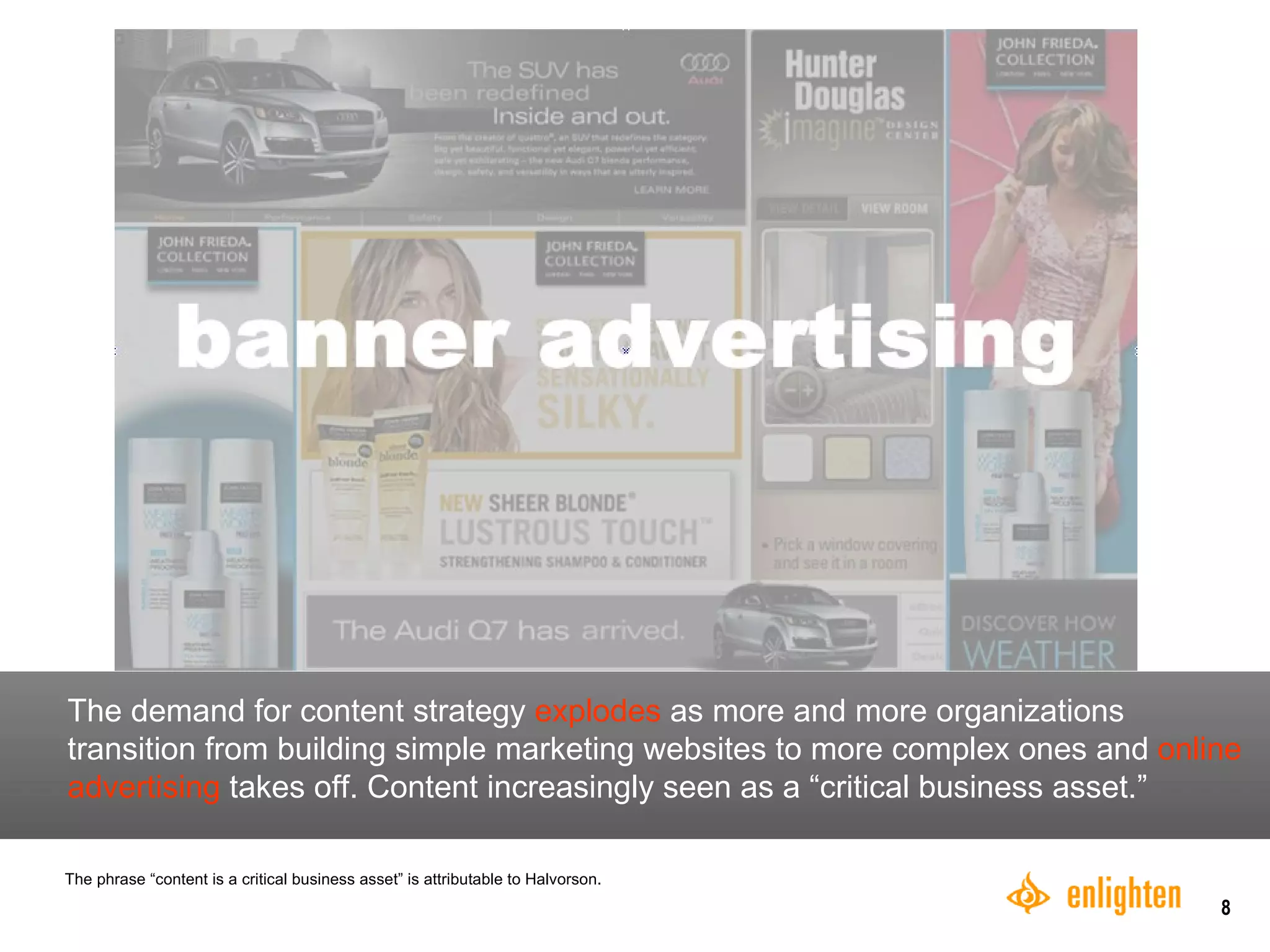 Advertising media and social media introduced new content planning complexities.  The demand for content strategy  explodes  as more and more organizations transition from building simple marketing websites to more complex ones and  online advertising  takes off. Content increasingly seen as a “critical business asset.” The phrase “content is a critical business asset” is attributable to Halvorson. 