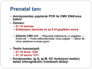 Prenatal tanı
 Amniyosentez yapılarak PCR ile CMV DNA’sına
bakılır
 Zamanı:
 21. hf sonrası
 Enfeksiyon üzerinde en az 6 hf geçtikten sonra
 Gebede CMV enf → Plasental enfeksiyon ve çoğalma →
Fetal enf → Fetus böbreklerinde virus çoğalır → İdrar ile
virus amniyon sıvısına geçer
 Testin hassasiyeti:
 21. hf önce: %30
 21. hf sonra: %71
 Kordosentez: Ig G, Ig M, KC fonksiyon testleri,
beta2 mikroglobulin, trombosit düzeyi
 