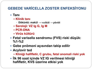GEBEDE VARİCELLA ZOSTER ENFEKSİYONU
 Tanı
 Klinik tanı
 Döküntü: makül → vezikül → püstül
 Seroloji: VZ Ig G, Ig M
 PCR-DNA
 Virüs kültürü
 Fetal varisella sendromu (FVS) riski düşük:
%1-%2
 Gebe pnömoni açısından takip edilir
 Acylovir ted
 Kliniği hafifletir, C grubu, fetal anomali riski yok
 İlk 96 saat içinde VZ IG verilmesi kliniği
hafifletir, KVS üzerine etkisi yok
 