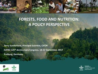 Terry Sunderland, Principal Scientist, CIFOR
IUFRO 125th Anniversary Congress, 18-22 September, 2017
Freiburg, Germany
FORESTS, FOOD AND NUTRITION:
A POLICY PERSPECTIVE
 