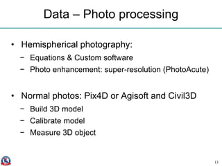 Data – Photo processing
• Hemispherical photography:
− Equations & Custom software
− Photo enhancement: super-resolution (PhotoAcute)
• Normal photos: Pix4D or Agisoft and Civil3D
− Build 3D model
− Calibrate model
− Measure 3D object
13
 