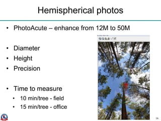 Hemispherical photos
• PhotoAcute – enhance from 12M to 50M
• Diameter
• Height
• Precision
• Time to measure
• 10 min/tree - field
• 15 min/tree - office
16
 