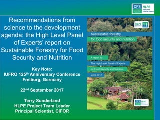 Recommendations from
science to the development
agenda: the High Level Panel
of Experts’ report on
Sustainable Forestry for Food
Security and Nutrition
Key Note:
IUFRO 125th Anniversary Conference
Freiburg, Germany
22nd September 2017
Terry Sunderland
HLPE Project Team Leader
Principal Scientist, CIFOR
 