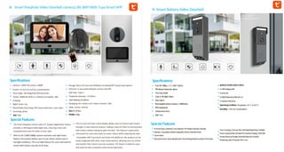 Smart Peephole Video Doorbell camera2.4G WIFl With Tuya Smart APP
Specifications
Camera: 2.0MP HD camera, 1080P
Screen: 4.3 Inch (5 inch for customization)
View Angle: 165°diagonal/130°horizontal
Power: 5000mAh Built-in Li-Battery (included), USB
charging
Night Vision: Yes
Photo/Video Recording: PIR motion detection, auto video
recording, photo
App:Tuya
Storage: Micro SD card max 64GB(not included)/APP cloud (subscription)
Intercom: 2-way audio between camera and APP
USB Type: Type-C
Peephole Diameter: 14-50mm
DoorThickness:35-120mm
Packaging List: camera unit, indoor monitor, USB
cable, screws, manual
Size:21*16*9cm
Weight:650g
Special Features
The Smart Peephole Camera with 4.3" Display Digital Door Viewer
provides a 130-degree wide-angle view, ensuring a clear and
comprehensive view of visitors at your door.
With its HD 2.0MP/1080p camera resolution and night vision
feature, this product allows users to see visitors clearly even in
low-light conditions. This is an ideal feature for users who want to
ensure their home's security at all times.
The 4.3-inch LCD color screen display allows users to interact with visitors
through a 2-way intercom feature, making it easy for them to communicate
with visitors without having to open the door. This feature is particularly
convenient for users who want to screen visitors before opening the door.
Compatible with Tuya Smart and Smart Life platforms, this product can be
easily integrated with other smart home devices, allowing users to control
and monitor their home's security remotely. This feature is ideal for users
who want to have a seamless smart home experience.
Smart Battery Video Doorbell
Specifications
Full HD 1080p ( 2 X 2MP CMOS)
PIR Motion Detection alerts
Two-wayAudio
Color & IR Night Vision
SirenAlarm
Rechargablelithium battery (4400mAh)
IPX4waterproof
Wirelssindoorchime
App:Tuya
optionalwirelssindoorchime
1xUSBchargingcable
1xScrewset
2x18650batteries(2200mAhx2)
1xwirelessUSBChime
OperatingCondition:Temperature:-10°C to+50°C
Humidity:<95% (no condensation)
Special Features
AIHumanFigureDetection,FaceDetectionPIRMotionDetection,Standby
DetectionLongBatteryLife(Rechargeable),ReducesStandbyPower
Consumption
Worry-freeUseForAutomaticallySwitchTheWorkingModeAccordingToThePower
Voice-changing,Two-wayTalk,AutoReply/RapidReply Multiple
Power-savingModes,NoNeedForFrequentCharging Workwith
AmazonAlexaandGoogleAssistant(Optional) Doorbell,
Monitoring,AlarmProtectionAll-in-one
 
