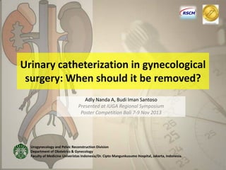Urinary catheterization in gynecological
surgery: When should it be removed?
Adly Nanda A, Budi Iman Santoso
Presented at IUGA Regional Symposium
Poster Competition Bali 7-9 Nov 2013

Urogynecology and Pelvic Reconstruction Division
Department of Obstetrics & Gynecology
Faculty of Medicine Univeristas Indonesia/Dr. Cipto Mangunkusumo Hospital, Jakarta, Indonesia.

 