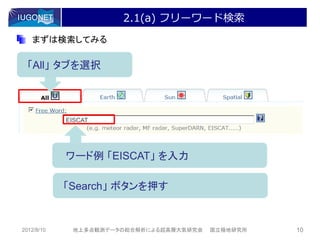 2.1(a) フリーワード検索
   まずは検索してみる

  「All」 タブを選択




            EISCAT




            ワード例 「EISCAT」 を入力

            「Search」 ボタンを押す


2012/8/10    地上多点観測データの総合解析による超高層大気研究会   国立極地研究所   10
 