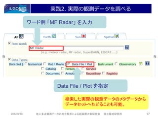 実践2. 実際の観測データを調べる

                ワード例 「MF Radar」 を入力



                MF Radar

～
～                                                             ～
                                                              ～




                            Data File / Plot を指定

                               検索した実際の観測データのメタデータから
                               データセットへたどることも可能。

    2012/8/10      地上多点観測データの総合解析による超高層大気研究会   国立極地研究所   17
 