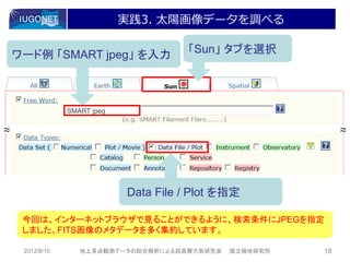 実践3. 太陽画像データを調べる

    ワード例 「SMART jpeg」 を入力               「Sun」 タブを選択




                 SMART jpeg

～
～                                                              ～
                                                               ～




                              Data File / Plot を指定

     今回は、インターネットブラウザで見ることができるように、検索条件にJPEGを指定
     しました。FITS画像のメタデータを多く集約しています。

     2012/8/10      地上多点観測データの総合解析による超高層大気研究会   国立極地研究所   18
 