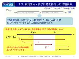 2.3. 観測開始・終了日時を指定した詳細検索
                                （「All」タブ、「Earth」タブ、「Sun」タブ共通）




  観測開始日時(from)と、観測終了日時(to)を入力
  [?] アイコンをクリックすると、入力書式の説明が出ます。


【参考】入力値とメタデータにおける観測開始・終了日時の関係について
                      from               to
                                                           t
メタデータ A
            B
                C
                      D
 メタデータB～Eを該当結果                   E
 としてリストアップする                                  F


2012/8/10   地上多点観測データの総合解析による超高層大気研究会   国立極地研究所            20
 