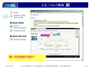 2.8. ヘルプ動画




   使い方を動画で紹介！


2012/8/10   地上多点観測データの総合解析による超高層大気研究会   国立極地研究所   25
 