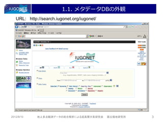 1.1. メタデータDBの外観
   URL: http://search.iugonet.org/iugonet/




2012/8/10    地上多点観測データの総合解析による超高層大気研究会       国立極地研究所   3
 