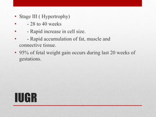 IUGR
• Stage III ( Hypertrophy)
• - 28 to 40 weeks
• - Rapid increase in cell size.
• - Rapid accumulation of fat, muscle and
connective tissue.
• 95% of fetal weight gain occurs during last 20 weeks of
gestations.
 