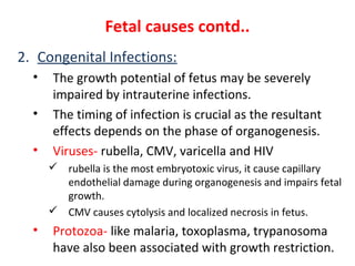 Fetal causes contd..
2. Congenital Infections:
• The growth potential of fetus may be severely
impaired by intrauterine infections.
• The timing of infection is crucial as the resultant
effects depends on the phase of organogenesis.
• Viruses- rubella, CMV, varicella and HIV
 rubella is the most embryotoxic virus, it cause capillary
endothelial damage during organogenesis and impairs fetal
growth.
 CMV causes cytolysis and localized necrosis in fetus.
• Protozoa- like malaria, toxoplasma, trypanosoma
have also been associated with growth restriction.
 