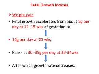 Weight gain
• Fetal growth accelerates from about 5g per
day at 14 -15 wks of gestation to
• 10g per day at 20 wks
• Peaks at 30 -35g per day at 32-34wks
• After which growth rate decreases.
Fetal Growth Indices
 
