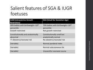 Salient features of SGA & IUGR
foetuses
IUGR (Intrauterine Growth
Restriction)
SGA (Small for Gestation Age)
30% babies with birthweight <10th
percentile
70% babies with birthweight <10th
percentile
Growth restricted Not growth restricted
Constitutionally and anatomically
abnormal
Constitutionally small but
anatomically normal
↑ Obstetric/neonatal risk No obstetric/neonatal risk
{Variable} Normal ponderal index
{Variable} Normal subcutaneous fat
{Variable} Uneventful neonatal course
Dept.ofObstetrics&Gynaecology,GauhatiMedicalCollege&
Hospital
Dutta D. Fetal Growth Restriction (FGR). In: Konar H, editor. DC Dutta’s Textbook of Obstetrics. 8th ed. New
Delhi: Jaypee Brothers Medical Publishers (P) Ltd; 2015. p. 533.
 