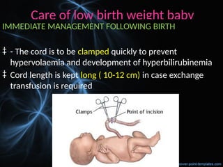 Care of low birth weight baby
IMMEDIATE MANAGEMENT FOLLOWING BIRTH
‡ - The cord is to be clamped quickly to prevent
hypervolaemia and development of hyperbilirubinemia
‡ Cord length is kept long ( 10-12 cm) in case exchange
transfusion is required
 