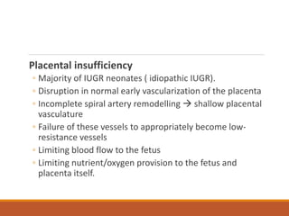 Placental insufficiency
◦ Majority of IUGR neonates ( idiopathic IUGR).
◦ Disruption in normal early vascularization of the placenta
◦ Incomplete spiral artery remodelling  shallow placental
vasculature
◦ Failure of these vessels to appropriately become low-
resistance vessels
◦ Limiting blood flow to the fetus
◦ Limiting nutrient/oxygen provision to the fetus and
placenta itself.
 