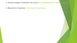 3. altered orexigenic mechanism that causes increased appetite and reduced satiety
4. Reduced no of nephrons- renal vascular hypertension
 