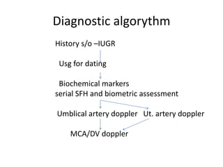 Diagnostic algorythm
History s/o –IUGR
Usg for dating
Biochemical markers
serial SFH and biometric assessment
Umblical artery doppler Ut. artery doppler
MCA/DV doppler
 