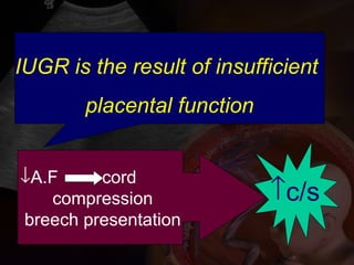 IUGR is the result of insufficient
placental function
↓A.F cord
compression
breech presentation
↑c/s
 