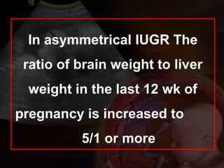 In asymmetrical IUGR The
ratio of brain weight to liver
weight in the last 12 wk of
pregnancy is increased to
5/1 or more
 