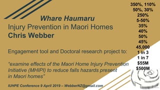 Whare Haumaru
Injury Prevention in Maori Homes
Chris Webber
Engagement tool and Doctoral research project to:
“examine effects of the Maori Home Injury Prevention
Initiative (MHIPI) to reduce falls hazards present
in Maori homes”
IUHPE Conference 9 April 2019 – WebberNZ@gmail.com
350%, 110%
50%, 30%
250%
5-50%
35%
40%
50%
45%
45,000
1 in 3
1 in 7
$55M
$500M
 