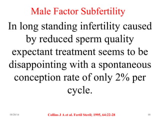 Male Factor Subfertility 
In long standing infertility caused 
by reduced sperm quality 
expectant treatment seems to be 
disappointing with a spontaneous 
conception rate of only 2% per 
cycle. 
Collins J A et al. Fertil Steril; 1995, 64:22-28 
10/28/14 10 
 