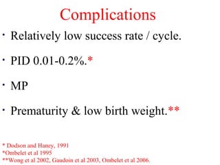 Complications 
• Relatively low success rate / cycle. 
• PID 0.01-0.2%.* 
• MP 
• Prematurity & low birth weight.** 
* Dodson and Haney, 1991 
*Ombelet et al 1995 
**Wong et al 2002, Gaudoin et al 2003, Ombelet et al 2006. 
