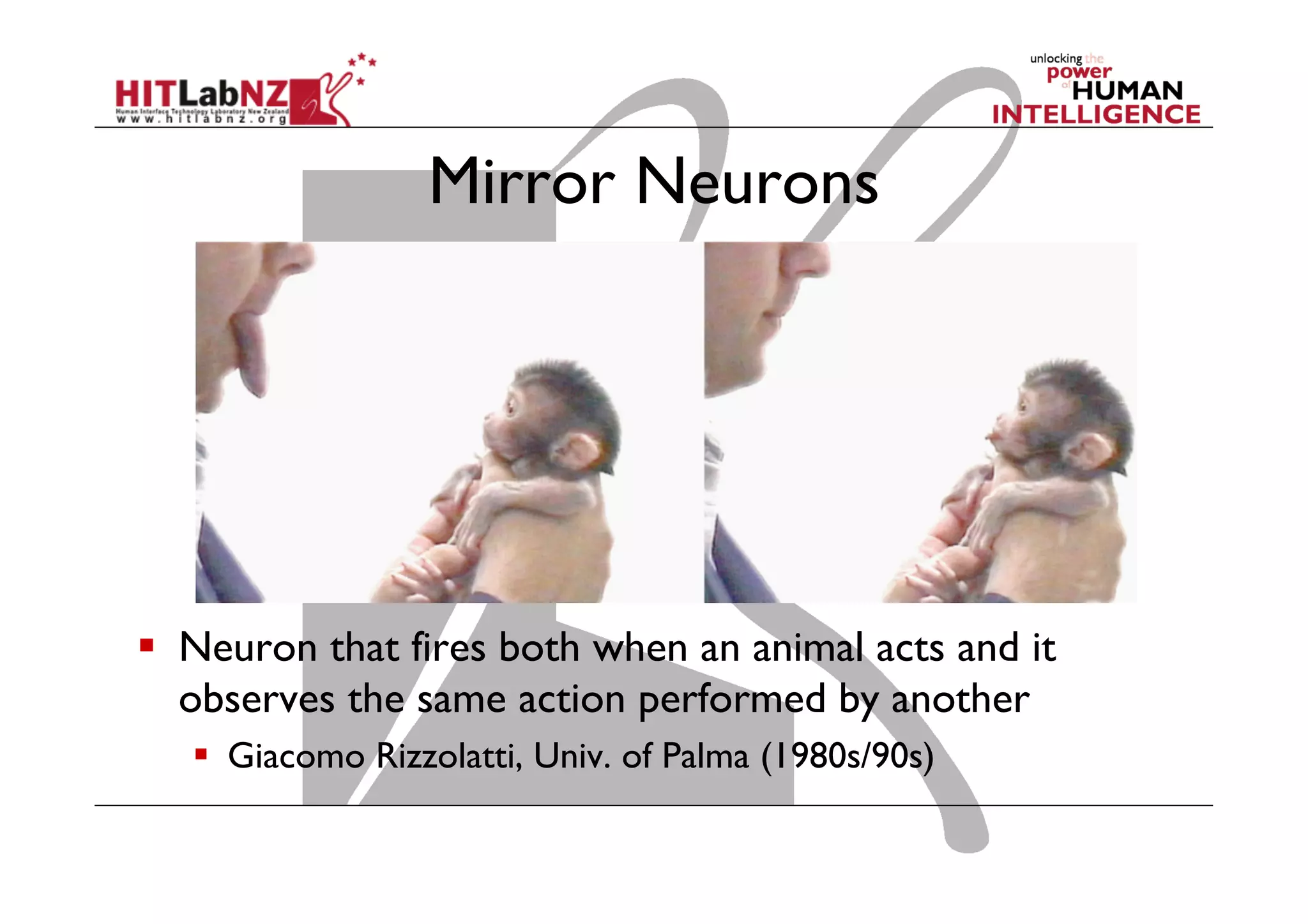 Mirror Neurons

  Neuron that fires both when an animal acts and it
observes the same action performed by another
  Giacomo Rizzolatti, Univ. of Palma (1980s/90s)

 