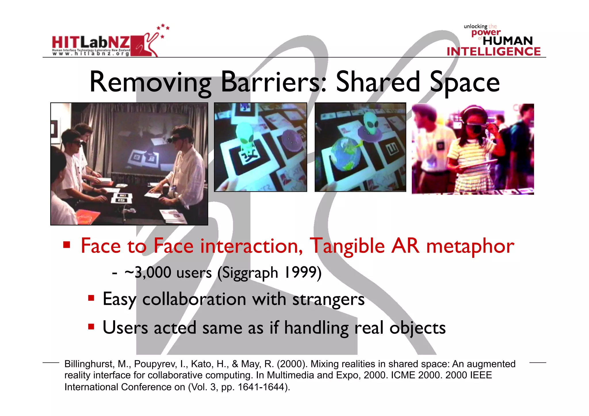 Removing Barriers: Shared Space

  Face to Face interaction, Tangible AR metaphor
-  ~3,000 users (Siggraph 1999)

  Easy collaboration with strangers
  Users acted same as if handling real objects
Billinghurst, M., Poupyrev, I., Kato, H., & May, R. (2000). Mixing realities in shared space: An augmented
reality interface for collaborative computing. In Multimedia and Expo, 2000. ICME 2000. 2000 IEEE
International Conference on (Vol. 3, pp. 1641-1644).

 