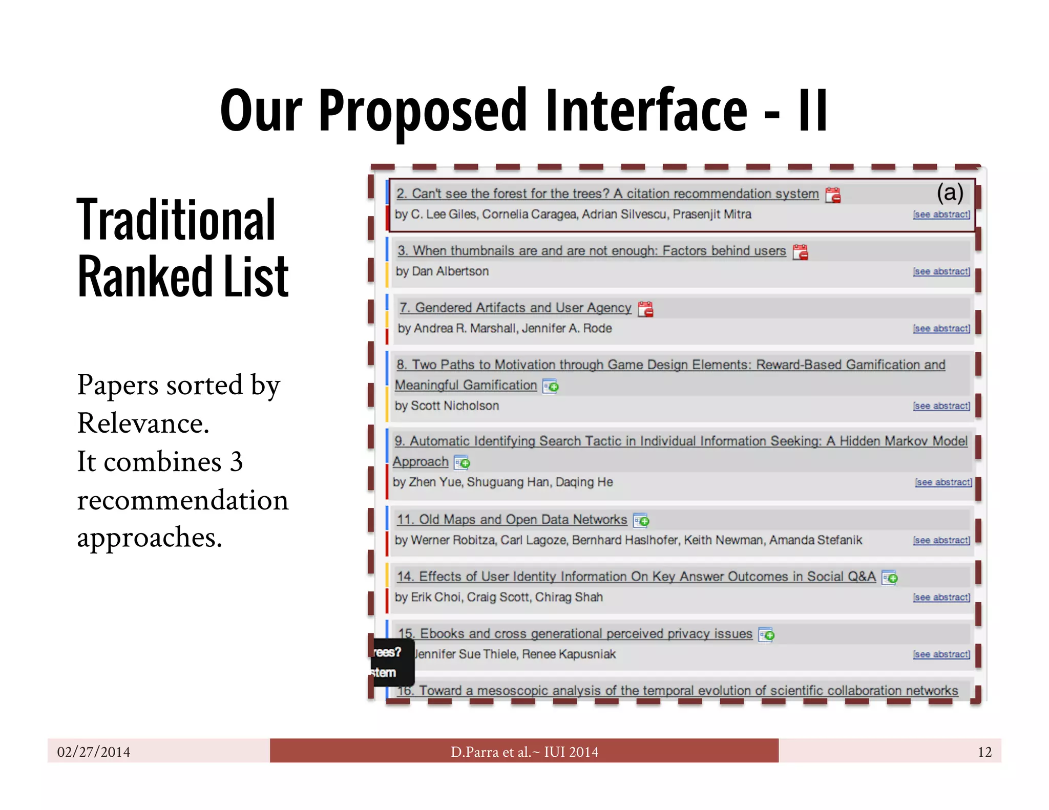Our Proposed Interface - II
02/27/2014 D.Parra et al.~ IUI 2014 12
Traditional
Ranked List
Papers sorted by
Relevance.
It combines 3
recommendation
approaches.
 