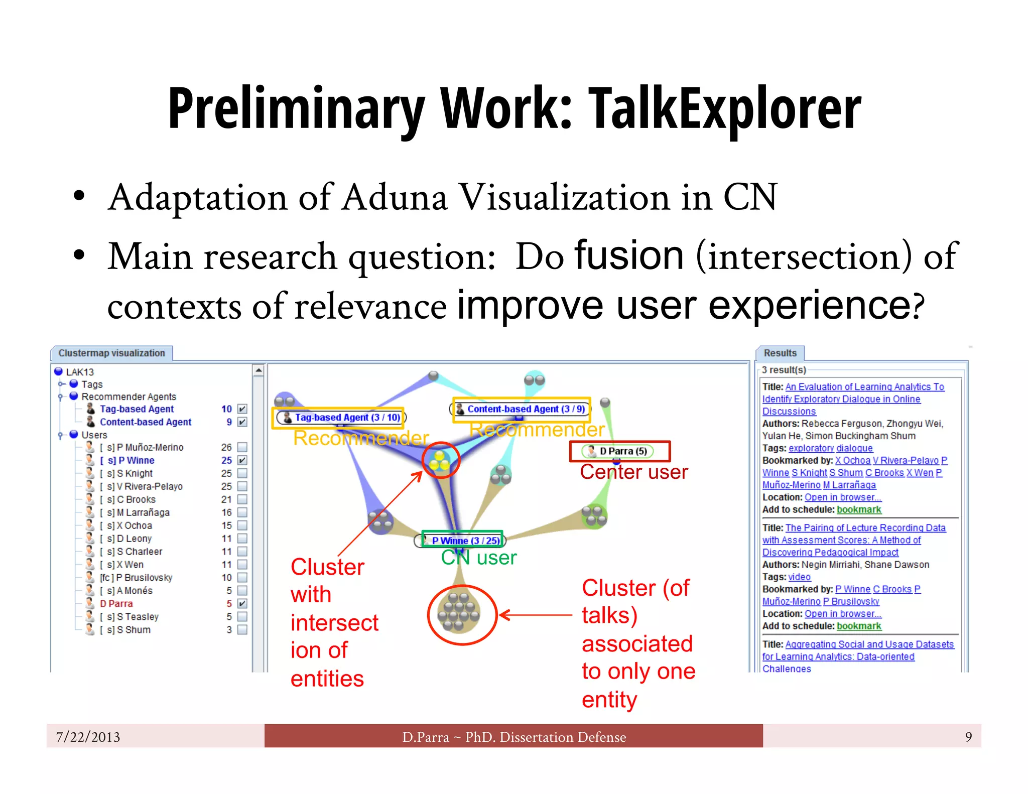 Preliminary Work: TalkExplorer
•  Adaptation of Aduna Visualization in CN
•  Main research question: Do fusion (intersection) of
contexts of relevance improve user experience?
7/22/2013 D.Parra ~ PhD. Dissertation Defense 9
Center user
CN user
RecommenderRecommender
Cluster
with
intersect
ion of
entities
Cluster (of
talks)
associated
to only one
entity
 