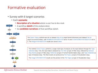 Formative evaluation
• Survey with 6 target scenarios
• Each scenario:
• Description of a situation where a user has to do...