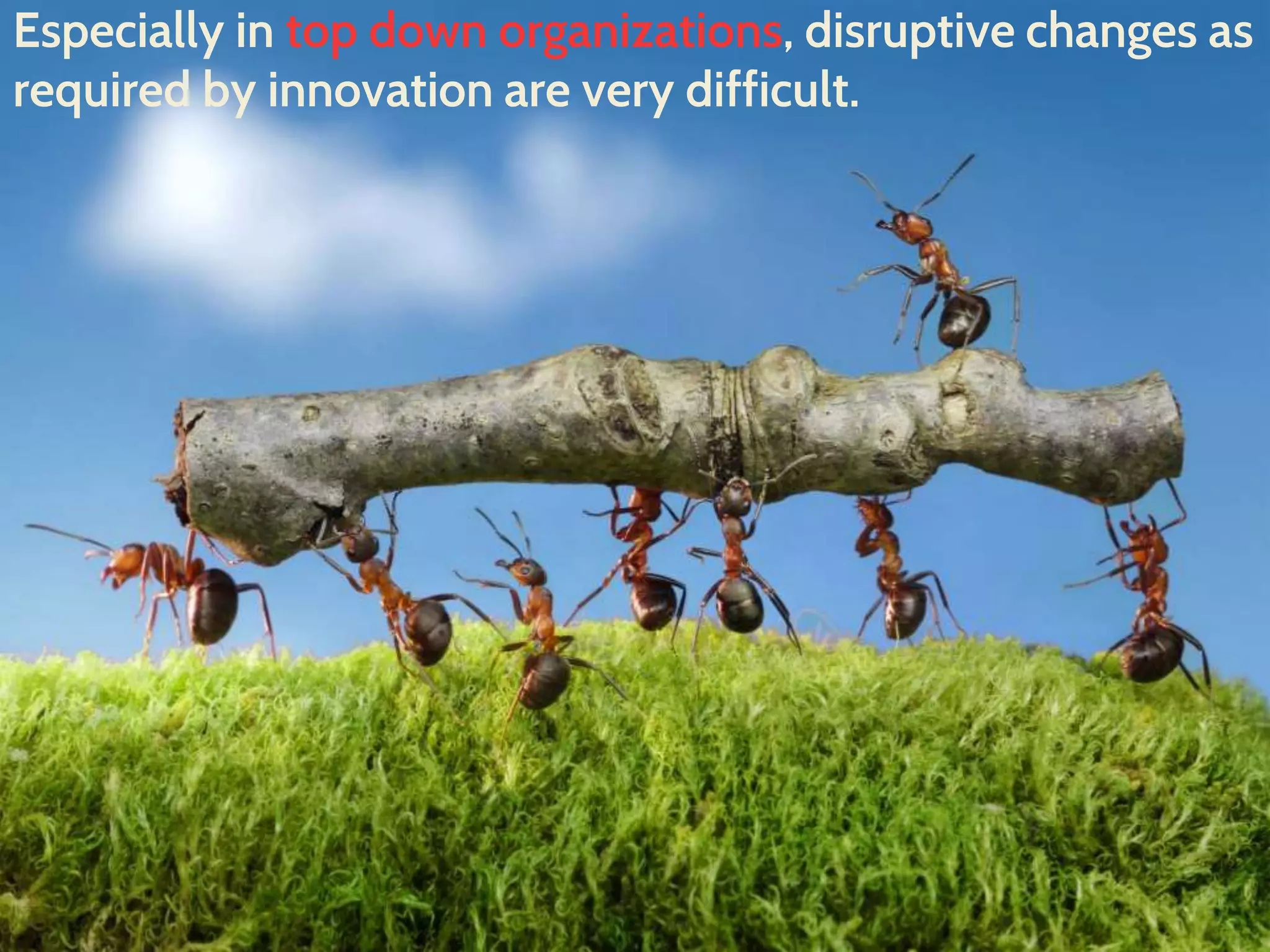Especially in top down organizations, disruptive changes as
required by innovation are very difficult.
 