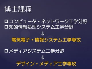 博士課程
 コンピュータ・ネットワーク工学分野
 知的情報処理システム工学分野
        ⇓
 電気電子・情報システム工学専攻

 メディアシステム工学分野
        ⇓
  デザイン・メディア工学専攻
 