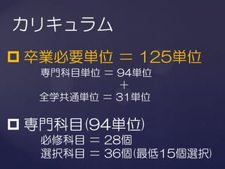カリキュラム
 卒業必要単位 ＝ 125単位
  専門科目単位 ＝ 94単位
           ＋
  全学共通単位 ＝ 31単位

 専門科目(94単位)
  必修科目 ＝ 28個
  選択科目 ＝ 36個(最低15個選択)
 
