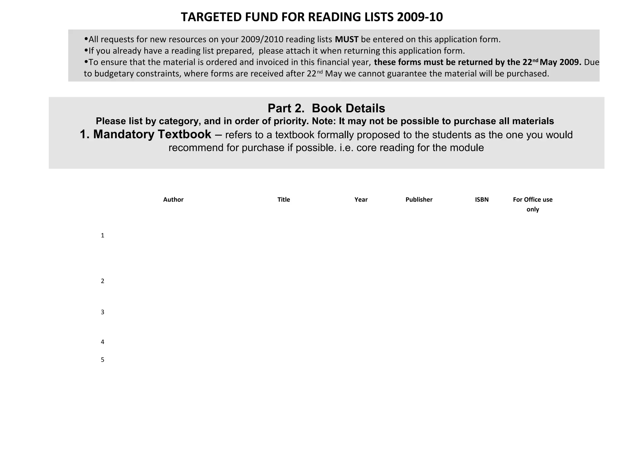 TARGETED FUND FOR READING LISTS 2009-10
•All requests for new resources on your 2009/2010 reading lists MUST be entered on this application form.
•If you already have a reading list prepared, please attach it when returning this application form.
•To ensure that the material is ordered and invoiced in this financial year, these forms must be returned by the 22nd May 2009. Due
to budgetary constraints, where forms are received after 22 nd May we cannot guarantee the material will be purchased.


                                              Part 2. Book Details
   Please list by category, and in order of priority. Note: It may not be possible to purchase all materials
1. Mandatory Textbook – refers to a textbook formally proposed to the students as the one you would
                     recommend for purchase if possible. i.e. core reading for the module



                    Author                       Title              Year         Publisher         ISBN      For Office use
                                                                                                                  only


    1




    2



    3



    4

    5
 