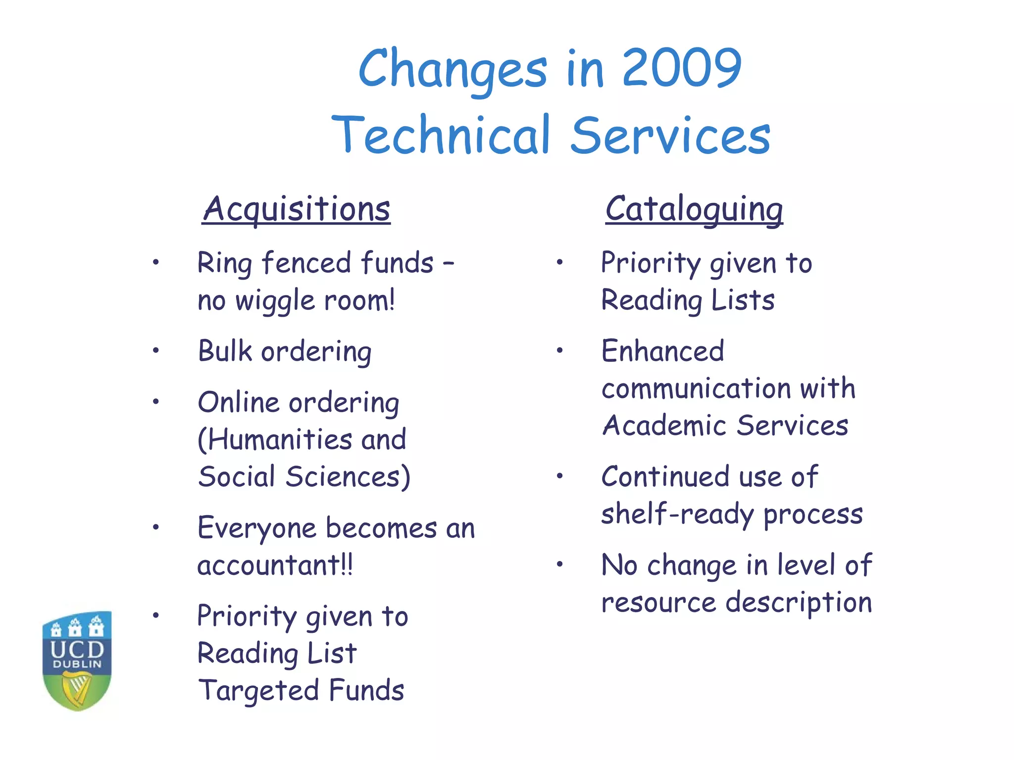 Changes in 2009
              Technical Services
    Acquisitions              Cataloguing
•   Ring fenced funds –   •   Priority given to
    no wiggle room!           Reading Lists
•   Bulk ordering         •   Enhanced
                              communication with
•   Online ordering
                              Academic Services
    (Humanities and
    Social Sciences)      •   Continued use of
                              shelf-ready process
•   Everyone becomes an
    accountant!!          •   No change in level of
    Priority given to         resource description
•
    Reading List
    Targeted Funds
 