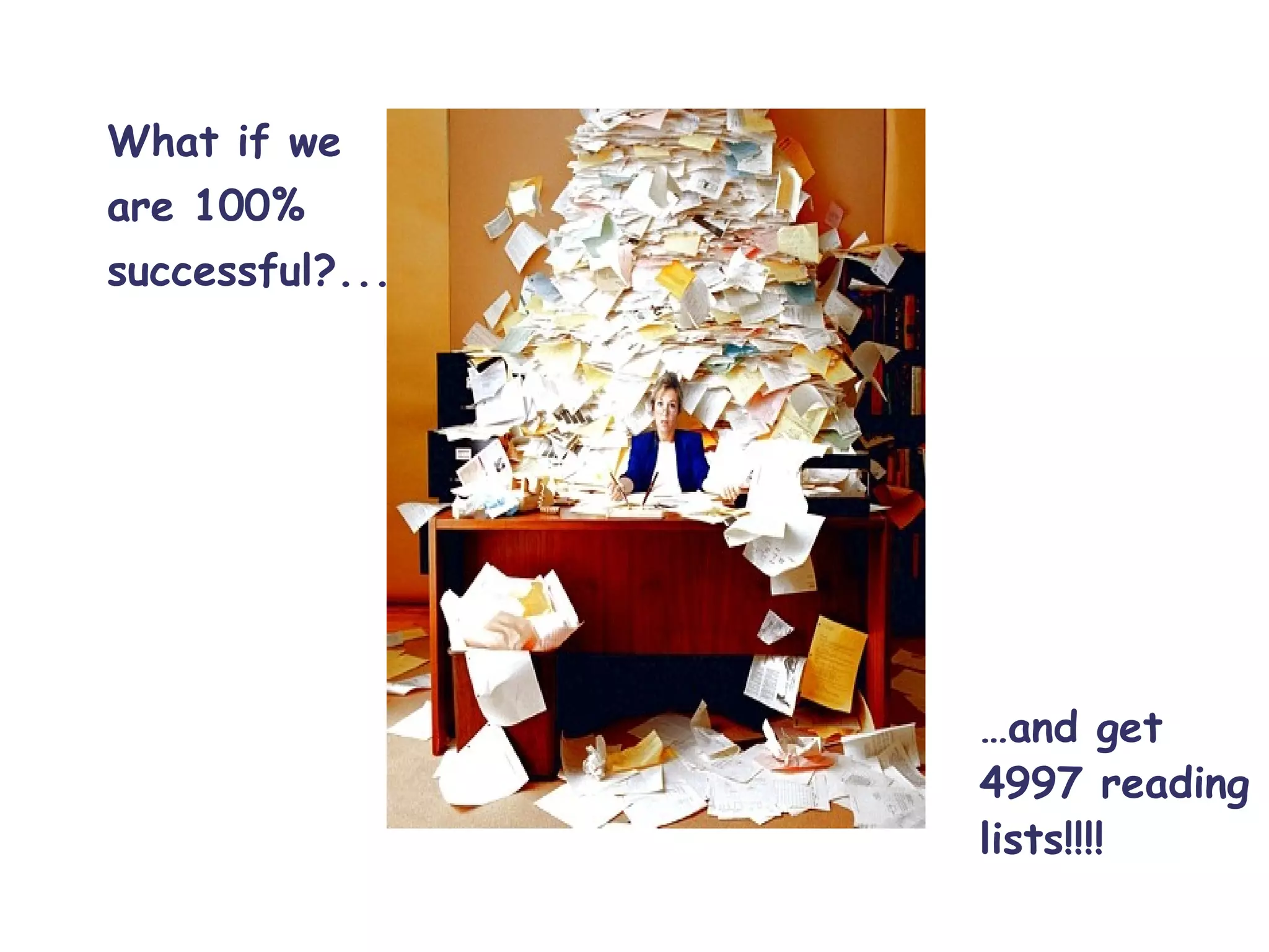 What if we
are 100%
successful?...




                 … …and get
                   4997 reading
                   lists!!!!
 