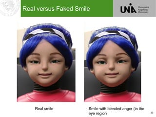 30
Real versus Faked Smile
Smile with blended anger (in the
eye region
Real smile
 