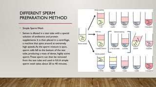 DIFFERENT SPERM
PREPARATION METHOD
• Simple Sperm Wash
• Semen is diluted in a test tube with a special
solution of antibiotics and protein
supplements. It is then placed in a centrifuge,
a machine that spins around at extremely
high speeds.As the sperm mixture is spun,
sperm cells fall to the bottom of the test
tube, producing a mass of dense, highly active
sperm.These sperm can then be removed
from the test tube and used in IUI.A simple
sperm wash takes about 20 to 40 minutes.
 