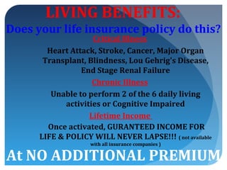 LIVING BENEFITS:
Does your life insurance policy do this?
                     Critical Illness
        Heart Attack, Stroke, Cancer, Major Organ
       Transplant, Blindness, Lou Gehrig's Disease,
                 End Stage Renal Failure
                     Chronic Illness
         Unable to perform 2 of the 6 daily living
             activities or Cognitive Impaired
                    Lifetime Income
        Once activated, GURANTEED INCOME FOR
      LIFE & POLICY WILL NEVER LAPSE!!! ( not available
                    with all insurance companies )

At NO ADDITIONAL PREMIUM
 