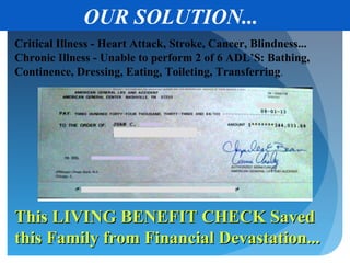 OUR SOLUTION...
Critical Illness - Heart Attack, Stroke, Cancer, Blindness...
Chronic Illness - Unable to perform 2 of 6 ADL’S: Bathing,
Continence, Dressing, Eating, Toileting, Transferring.




This LIVING BENEFIT CHECK Saved
this Family from Financial Devastation...
 